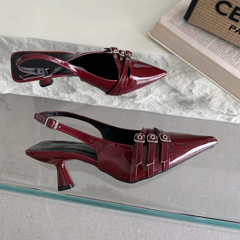 Big Size Female Pointed Toe Footwear Red Pumps Medium Heels Shoes For Women New In 2024 Fashion Metal Buckle Ladies Heels Shoes