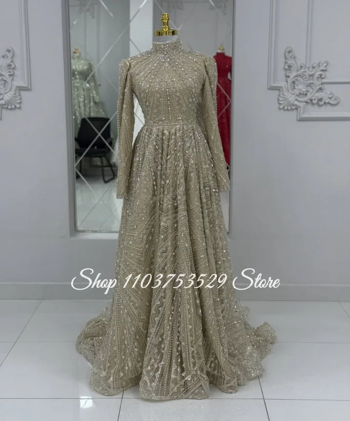 Wunderschönes muslimisches Abendkleid, maßgeschneidertes, langärmliges, mit Edelsteinen besetztes A-Linien-Ballkleid, glitzerndes Kleid für die Brautmutter, Hochzeitsfeierkleid