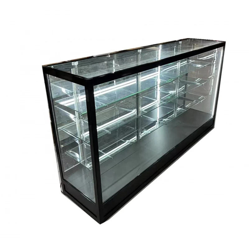 

Custom, retail shop black full showcase counter aluminum frame glass showcase with LED tobacco glass display