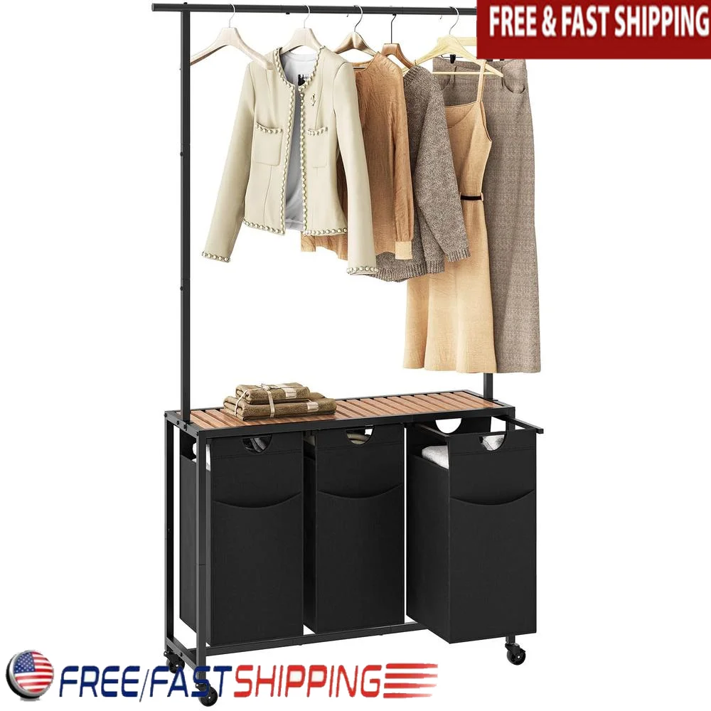 3-Section Laundry Sorter with Hanging Rack Drawers and Wheels Classified Organization Open Shelf Rolling Hamper Sturdy Metal