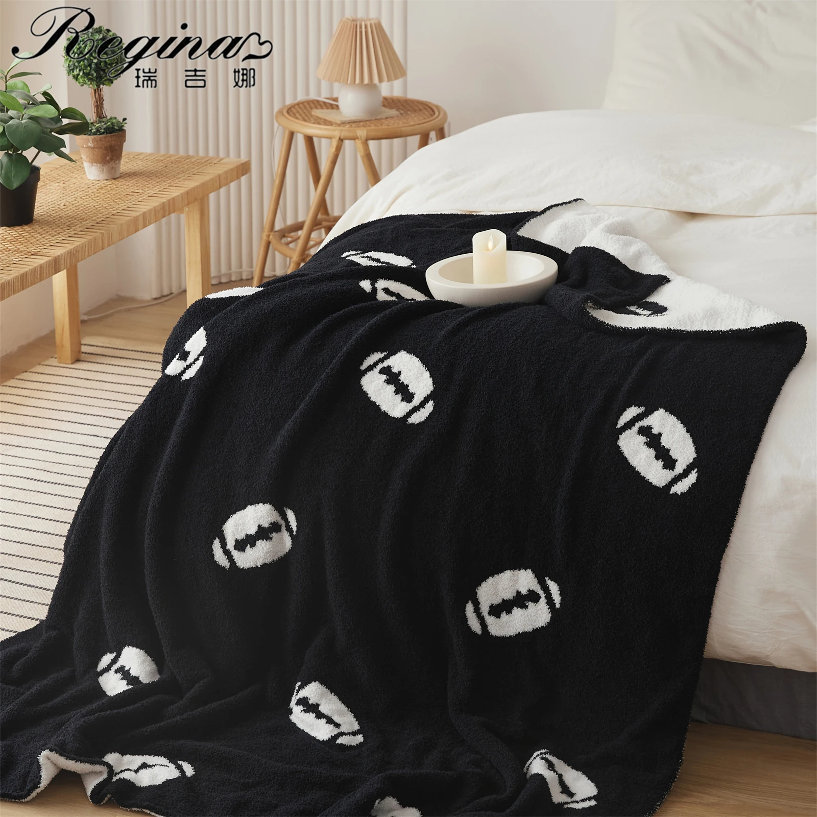 REGINA Nordic Comfy Soft Rugby Blanket USA Football Design Home Decor Fluffy Winter Warm Microfiber Black Knitted Throw Blanket