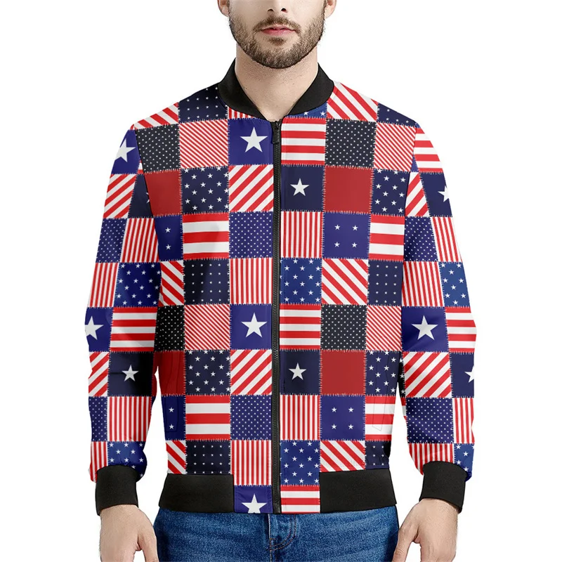 

American Patriotic Patchwork Print Men's Bomber Jacket 3d Long Sleeve Sweatshirt Oversize Street Bomber Zipper Jacket Coat