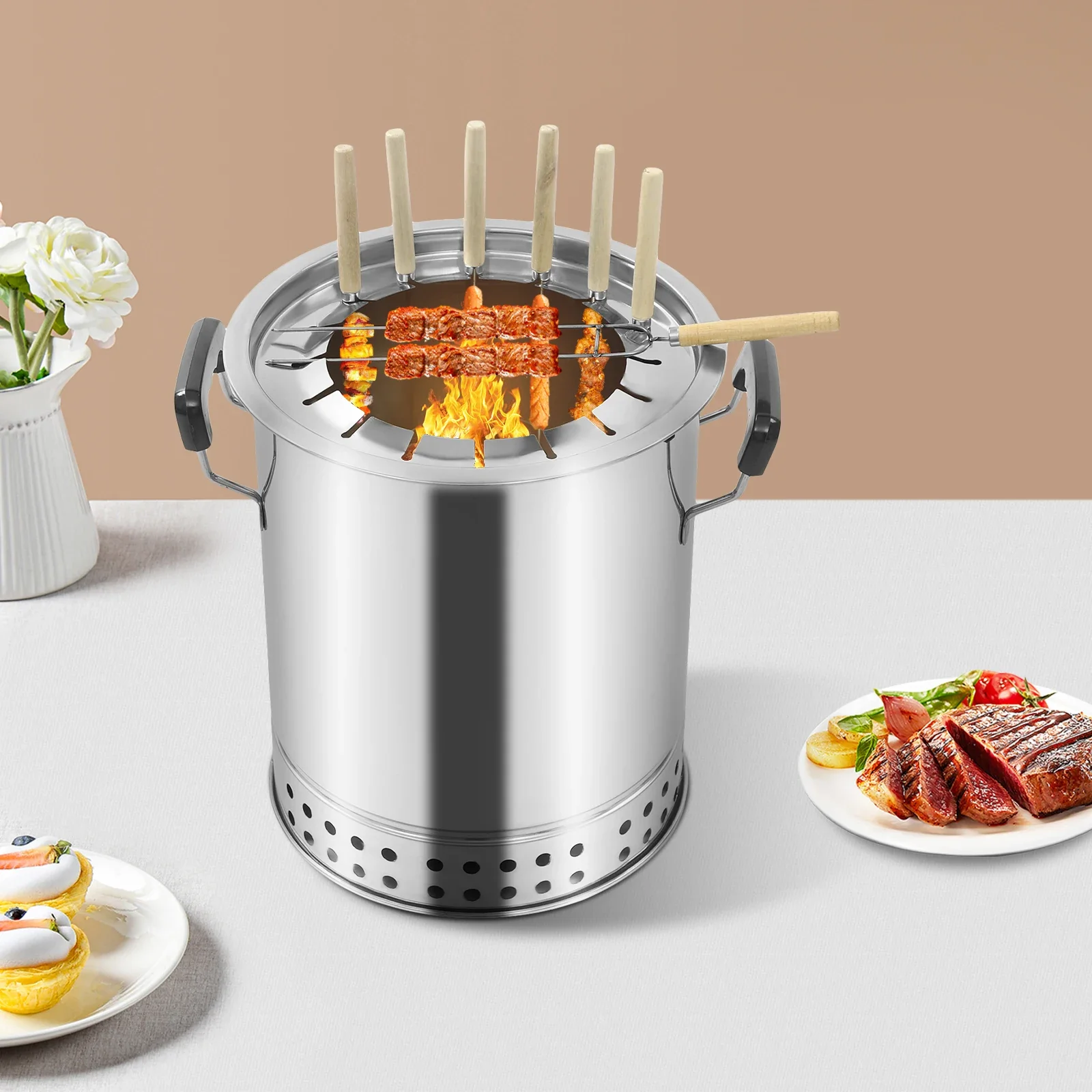 

16-Skewer Large Capacity Grill 2 Grilling Modes(Vertical Hanging&Net Grilling) Includes 30 Skewers&S Hooks For 1-4 People