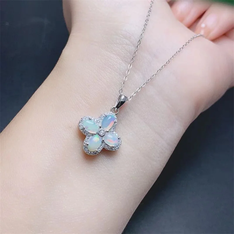 

Real 925 Sterling Silver Pendant Necklace for Women's Gift Original Gemstone Genuine Opal with Certificate Four Leaf Clover