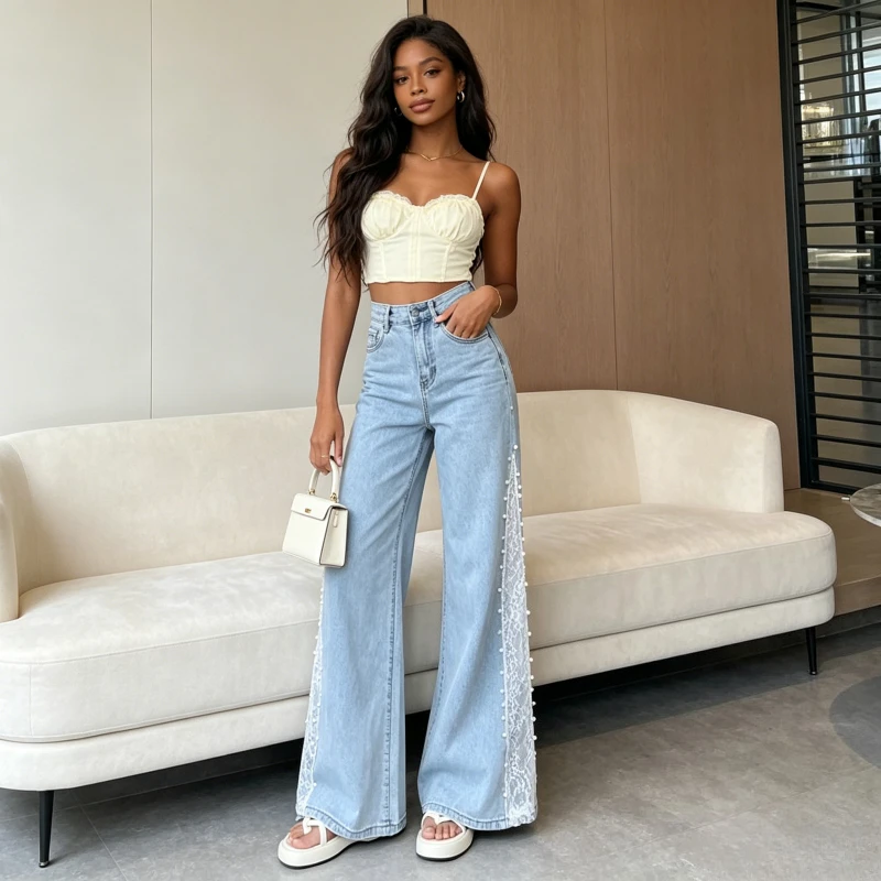 

Wide Leg Pants Jeans Women Lace Beading Denims High Waist Distressed Washed Streetwear Loose Trousers Vintage Floor Length 2025