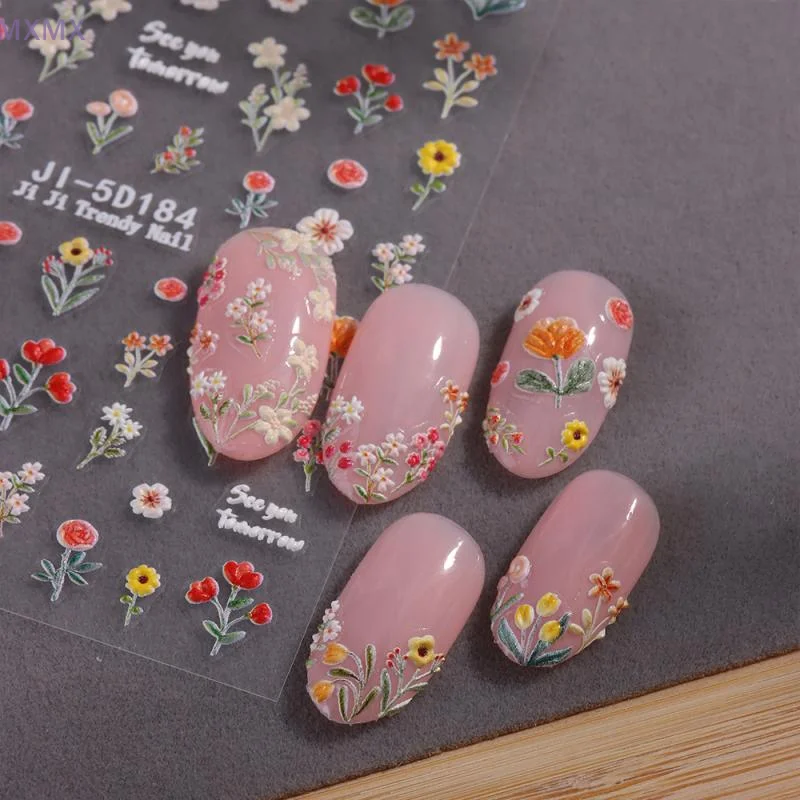 5D レリーフカラフルなワイルドフラワーネイルアートステッカーチューリップラベンダーコスモス花自己粘着ステッカー DIY マニキュアデカール