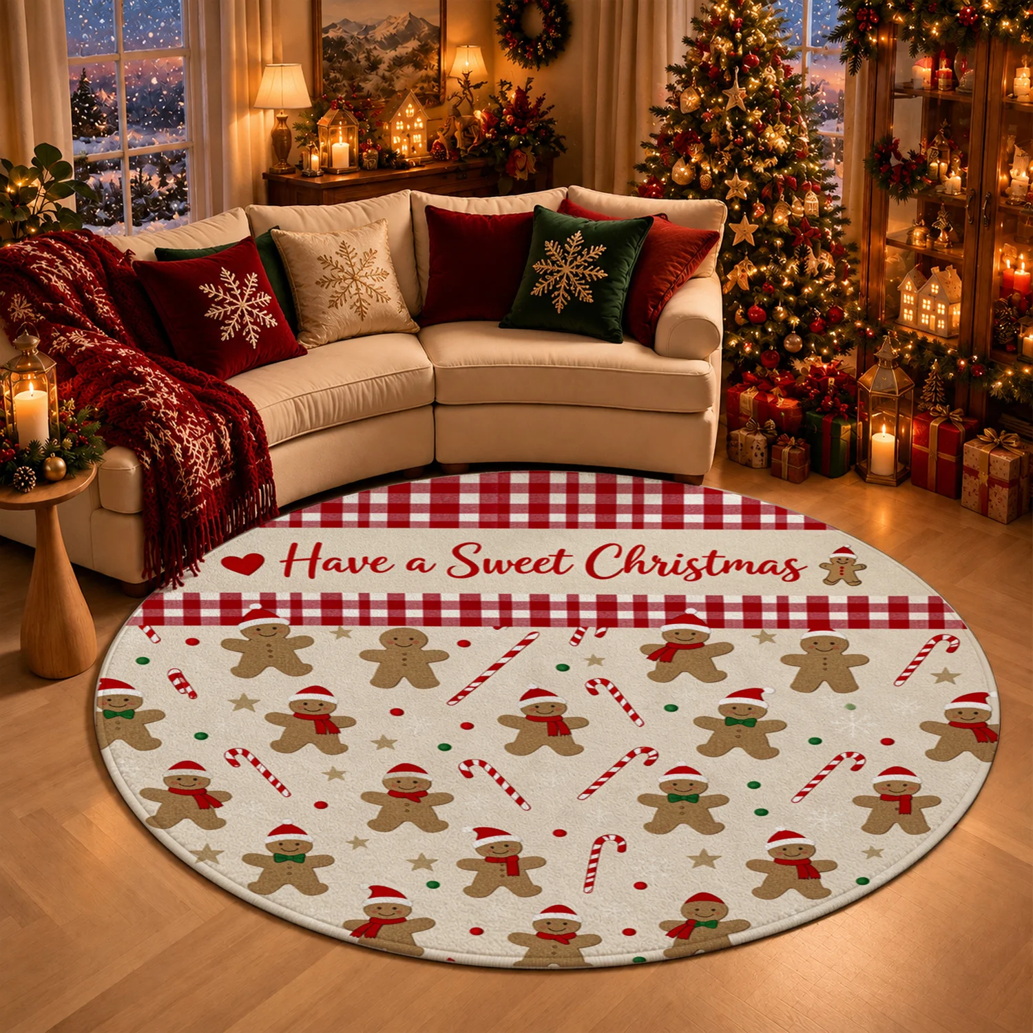 Gingerbread Man Gingham Candy Cane Pattern Round Velvet Placemat Machine Washable For Dining Table Kitchen Counter Coffee Table Holiday Settings Christmas Thanksgiving New Year Black Friday Cyber Monday