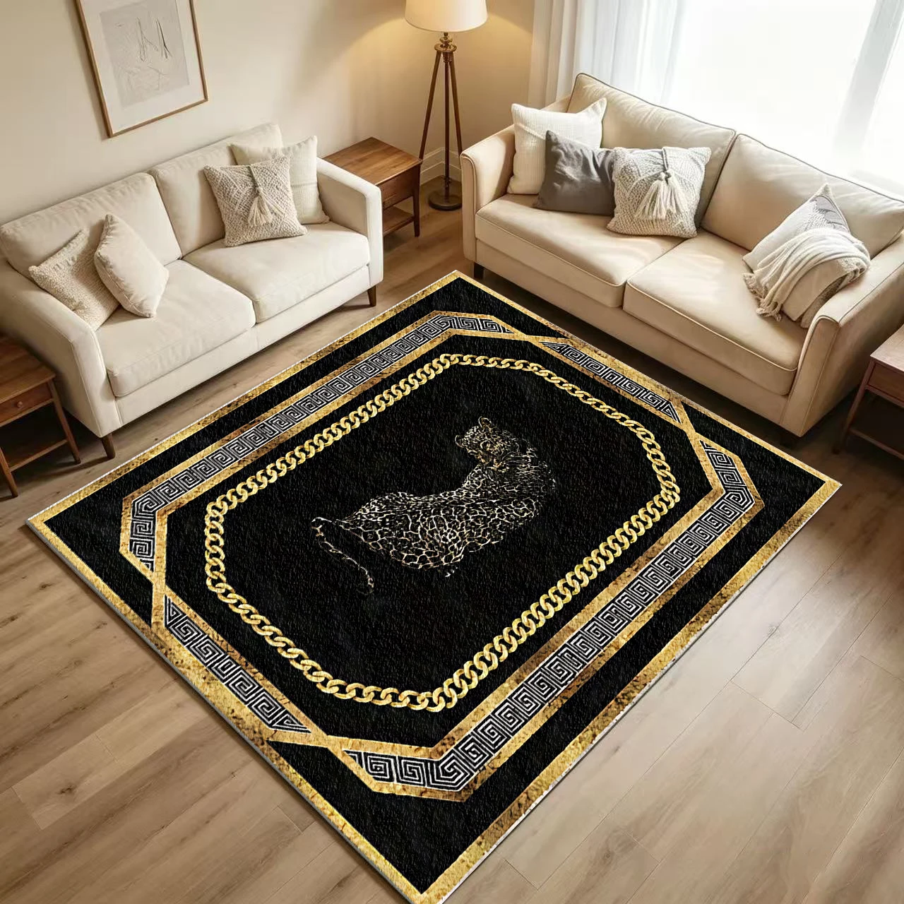 Luxurious Black and Gold Leopard Print Greek Key Pattern Border Carpet, Non-Slip and Washable Living Room Carpet, Suitable for Luxurious Home Decor