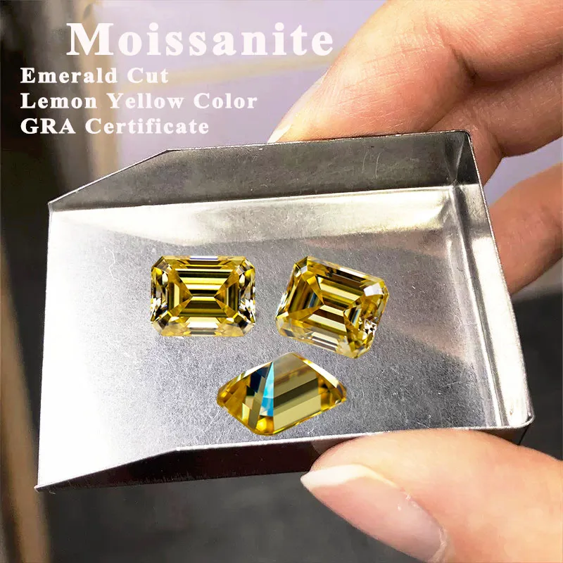 Moissanit Szlif Szmaragdowy Kolor Cytrynowy Żółty Kamień Szlachetny Hodowany w Laboratorium Diament Charms DIY Pierścionek Naszyjnik Kolczyki Materiały z Certyfikatem