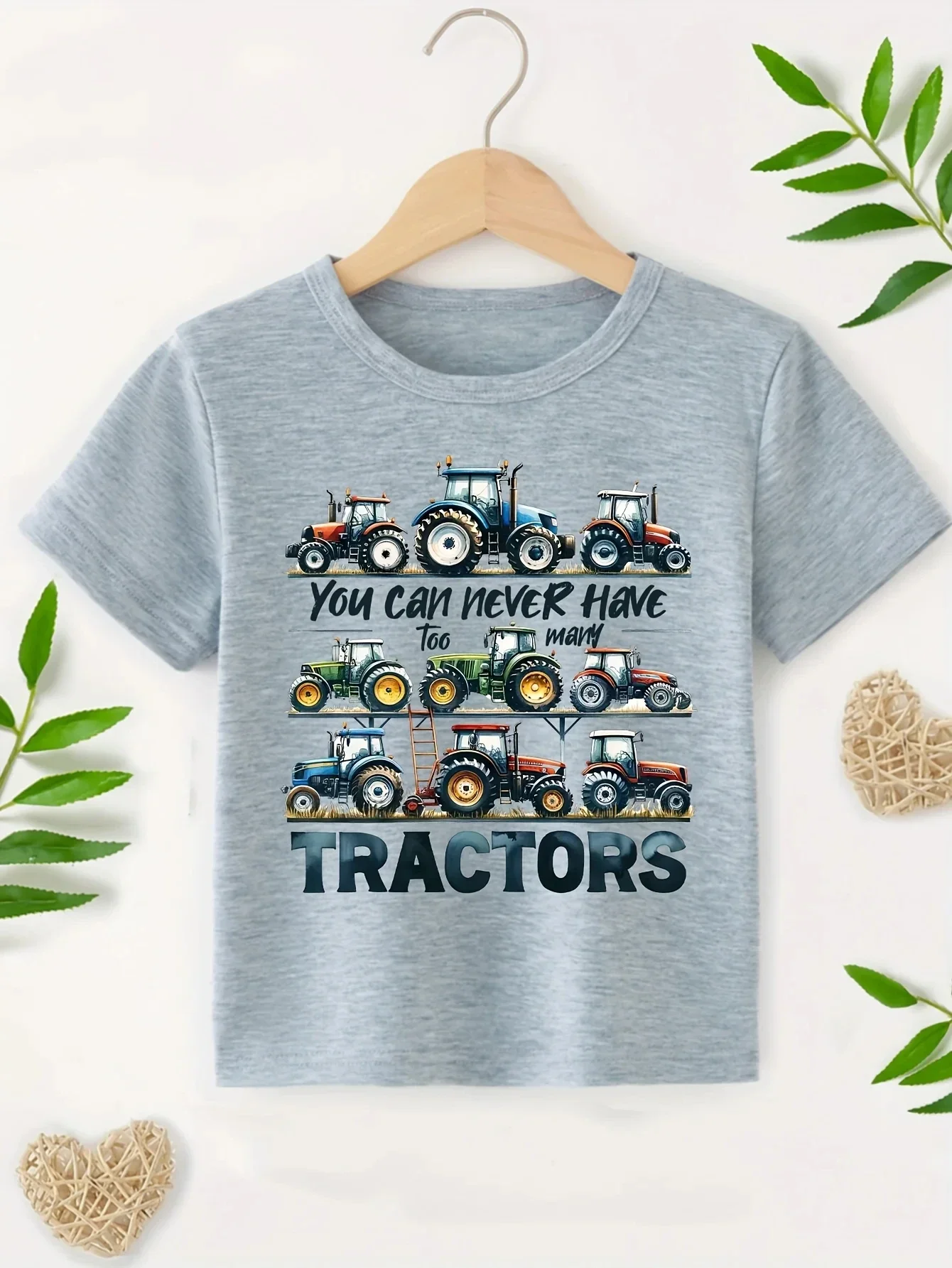 Summer Tractor Print Pattern Boys Girls Short Sleeved Children\'s T-shirt Round Neck Breathable Comfortable Casual T-shirt