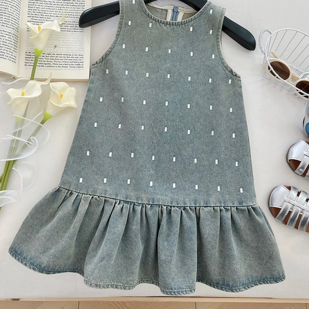 

Girl Skirt 2025 Summer New Children's Clothing Korean Style Girl Baby Fashion Staple Drill Sleeveless Denim Splicing Dress