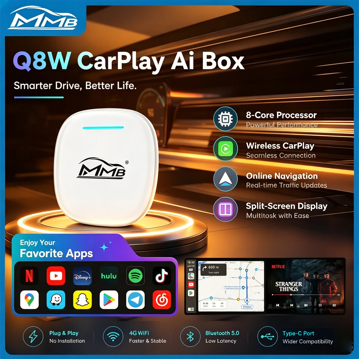 MMB Max Ultra Smart Box Android15 Wireless Car Carplay Wireless Android Auto AI Box Carplay For Youtube&IPTV QCM6350 8-Core WiFi