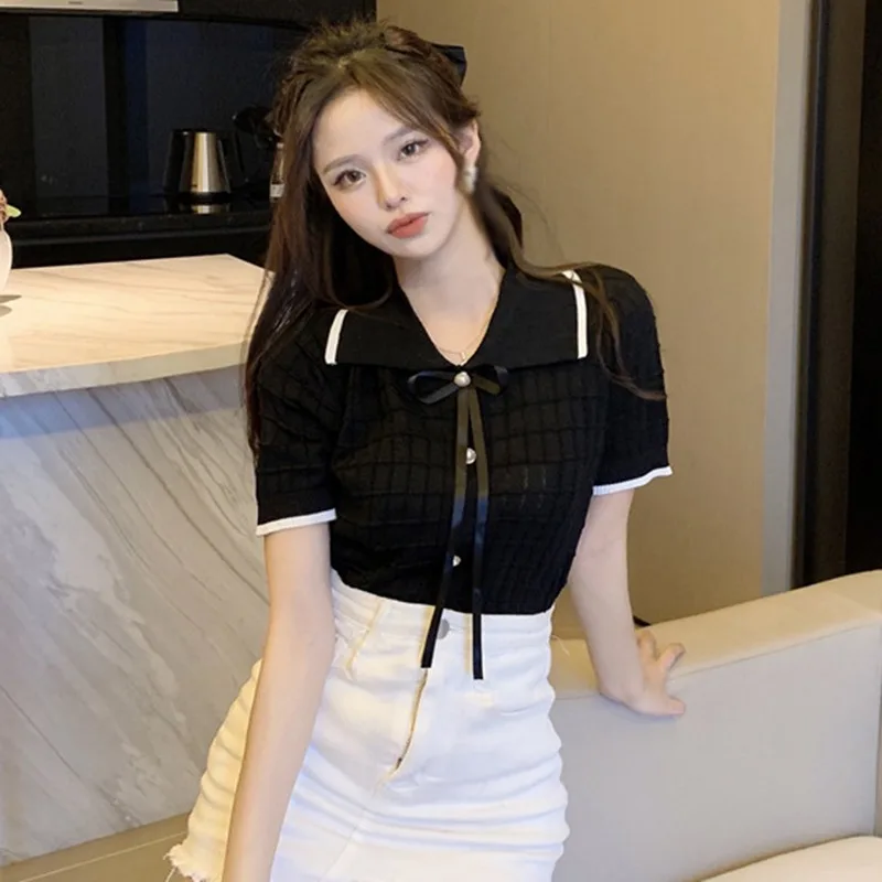 Women\'s Knitted Short Sleeve Korean Version Retro Lapel Bow Pearl Buckle Small Fragrant Style Sweet Top