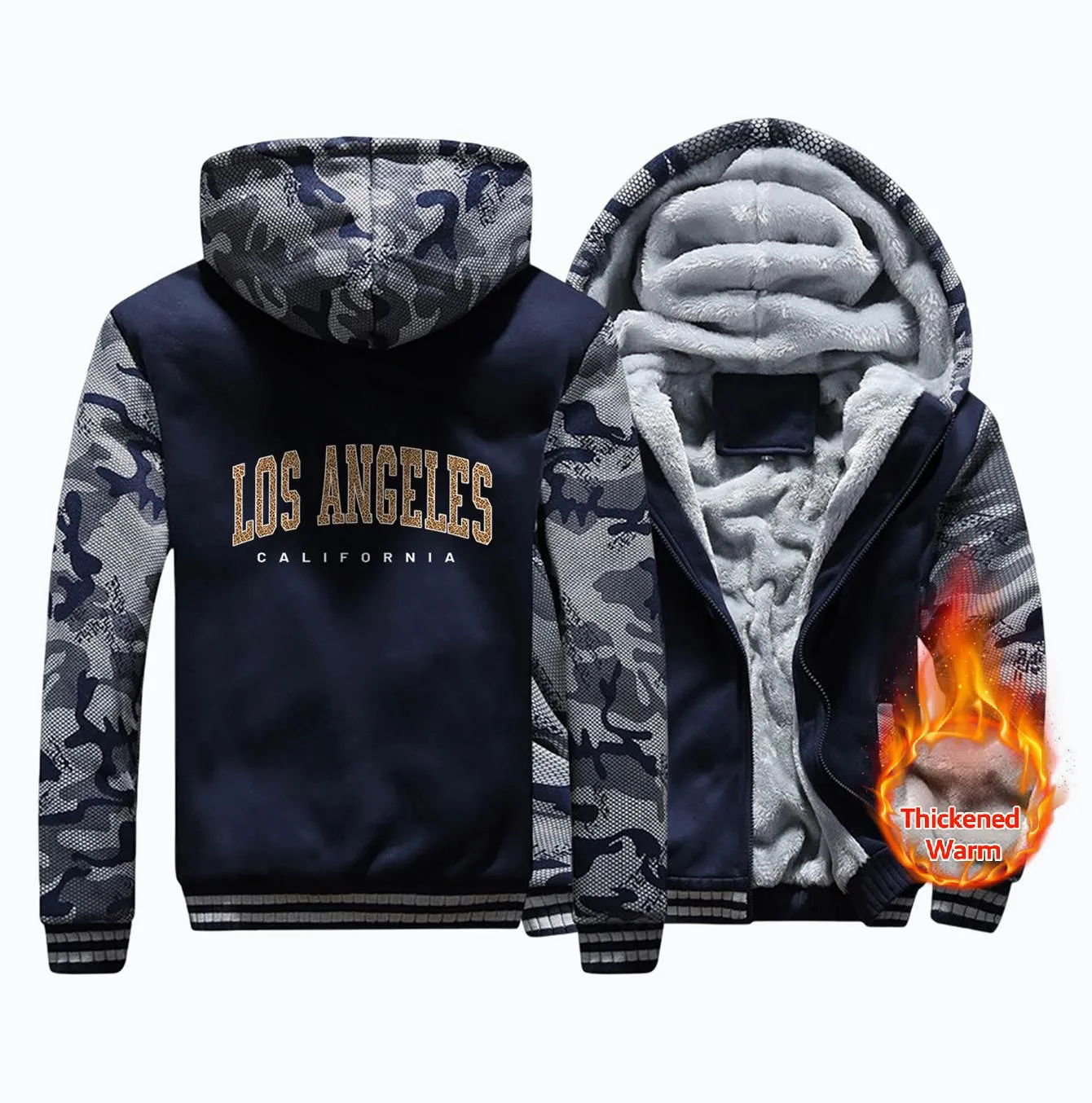 Los Angeles California Man Hoody Thickened Zipper Casual Comfortable Sweatshirt Korean Soft Hooded Simple Winter Warm Clothing