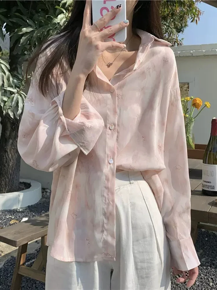 Zoki Fashion Pink Tie Dye Sweet Shirt Women Loose Korean Sun Proof Blouse Elegant Gradient Color Casual Female Cute Chic Tops