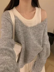 Loose V-neck Slimming Sweater Women Two-piece Set 2024 Autumn Winter Versatile Fashion Knit Pullovers Vest Set
