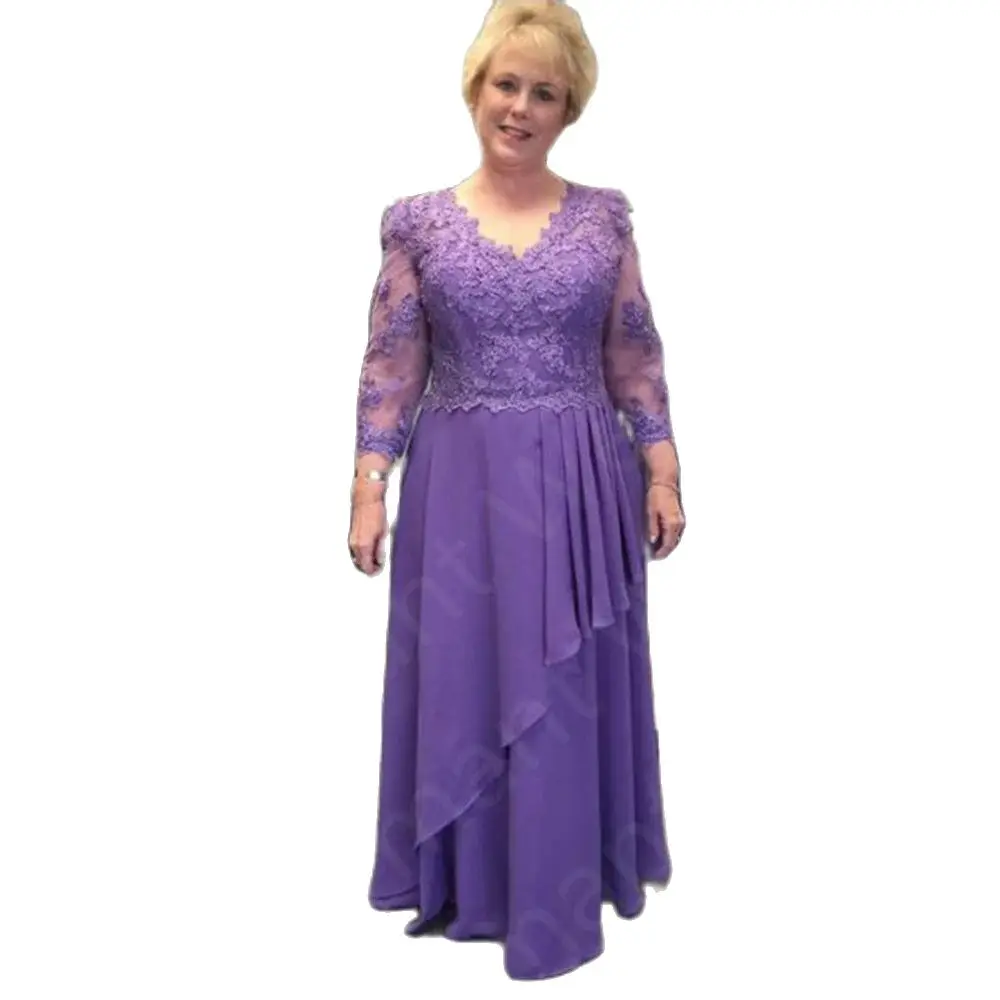 Classic New Arrival 2023 Mother Of the Bride Dresses Purple Lace Wedding Party Gowns 3/4 Sleeves Illusion Back Madre Vestidos