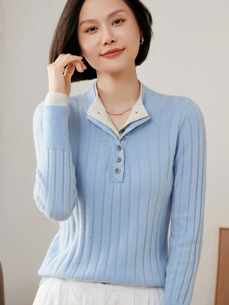 

Женский кашемировый свитер, пуловер, офисный женский осенне-зимний трикотаж из 100% кашемира, тонкий искусственный топ из двух предметов с воротником-стойкой