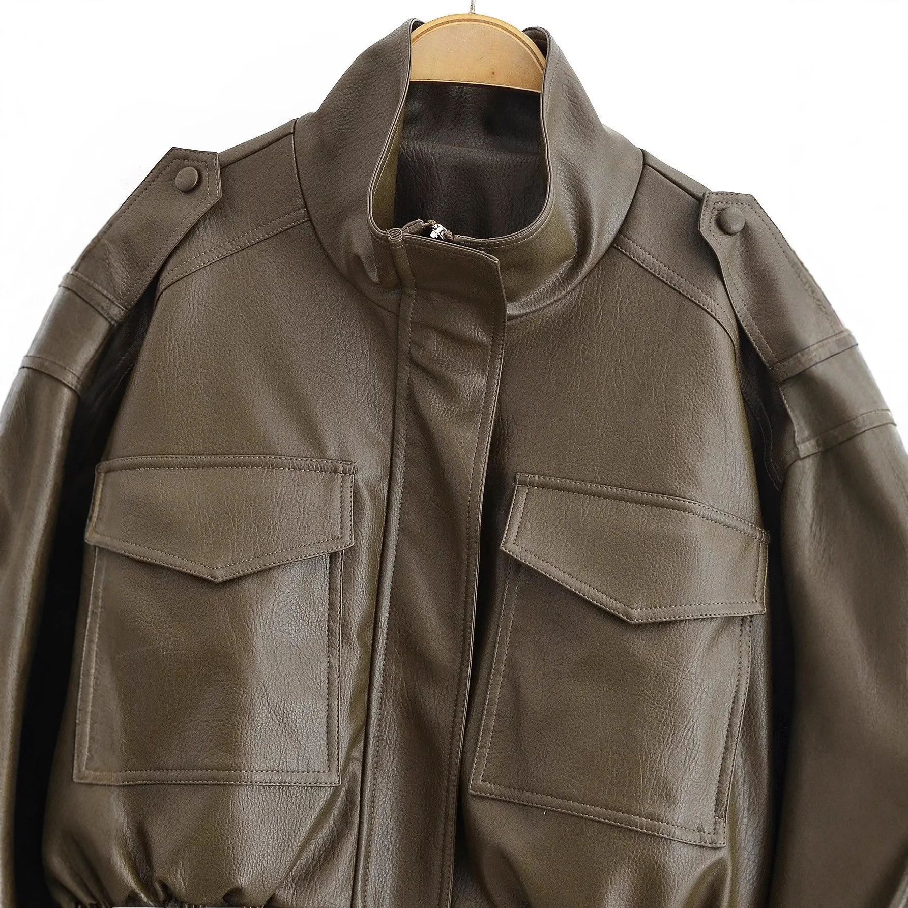 جاكيت نسائي عصري بخصر مرتفع من الجلد الصناعي، ملابس خارجية للعمل والشارع، تصميم جديد لموسم الخريف، وصول جديد عبر الحدود.