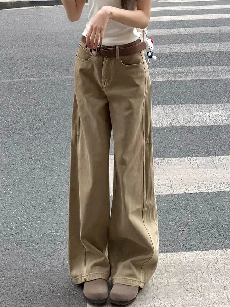 

Прямые джинсы цвета хаки с высокой талией, женские джинсы больших размеров, свободные посадки, широкие брюки для похудения, повседневные осенние новые поступления