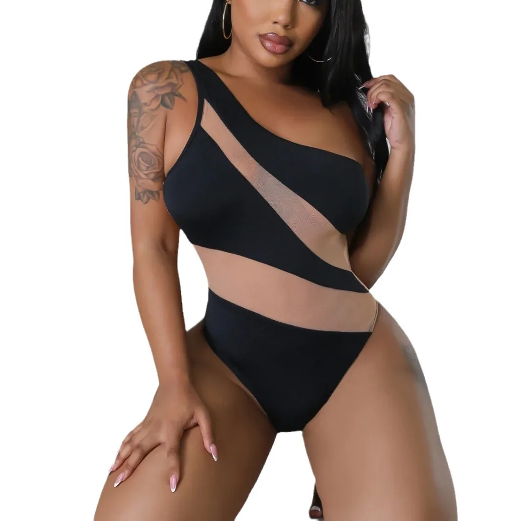 

New European and American Sexy Shoulder Mesh Splicing Women's One-piece Swimsuit Cross-border Bikini Cw52495