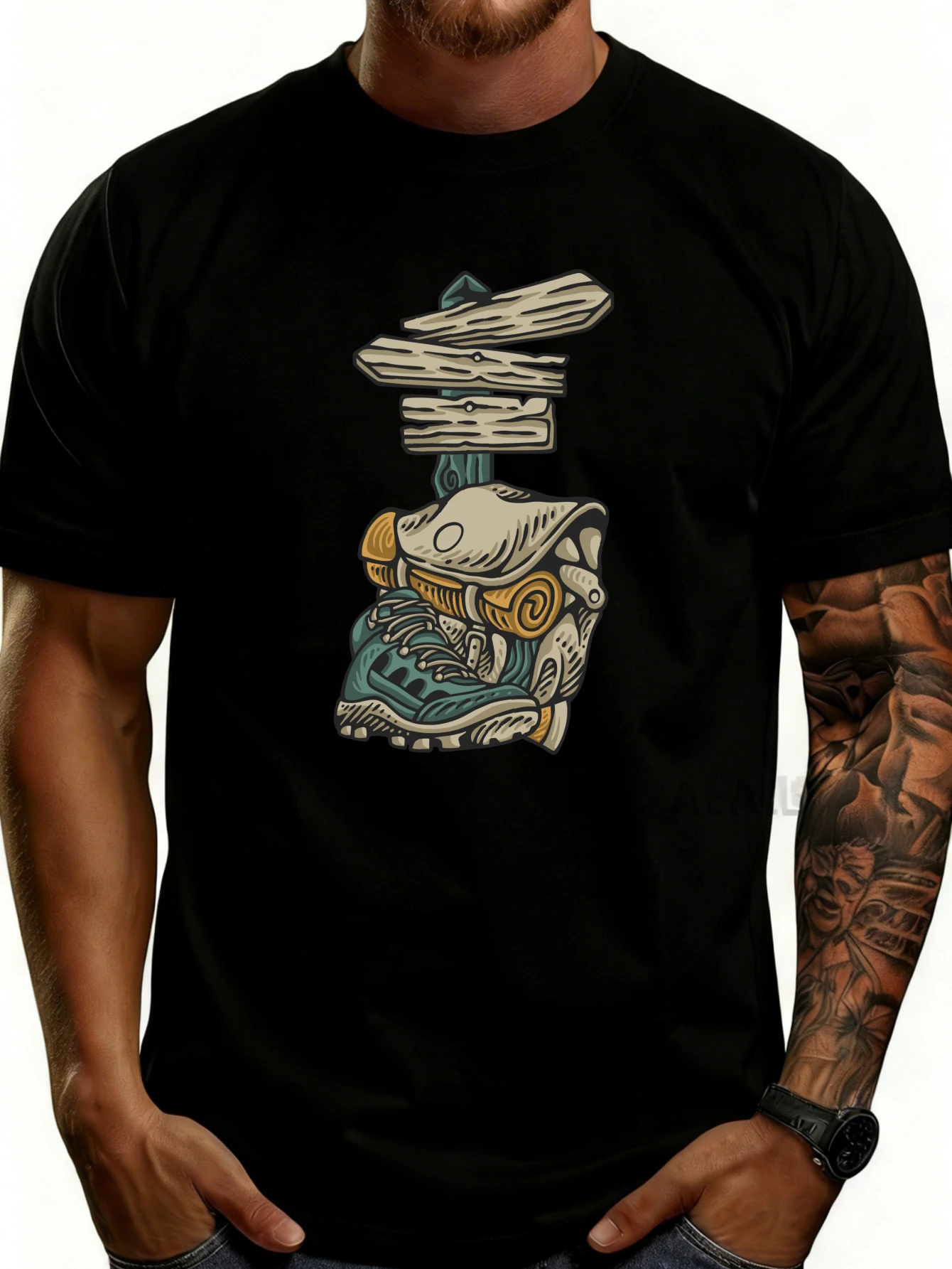 Casual Street Style Men's T-Shirt with Sneaker and Woodpile Motifs, Suitable for Spring and Summer Wear, Designed for Fashion Enthusiasts and Sneaker Lovers.
