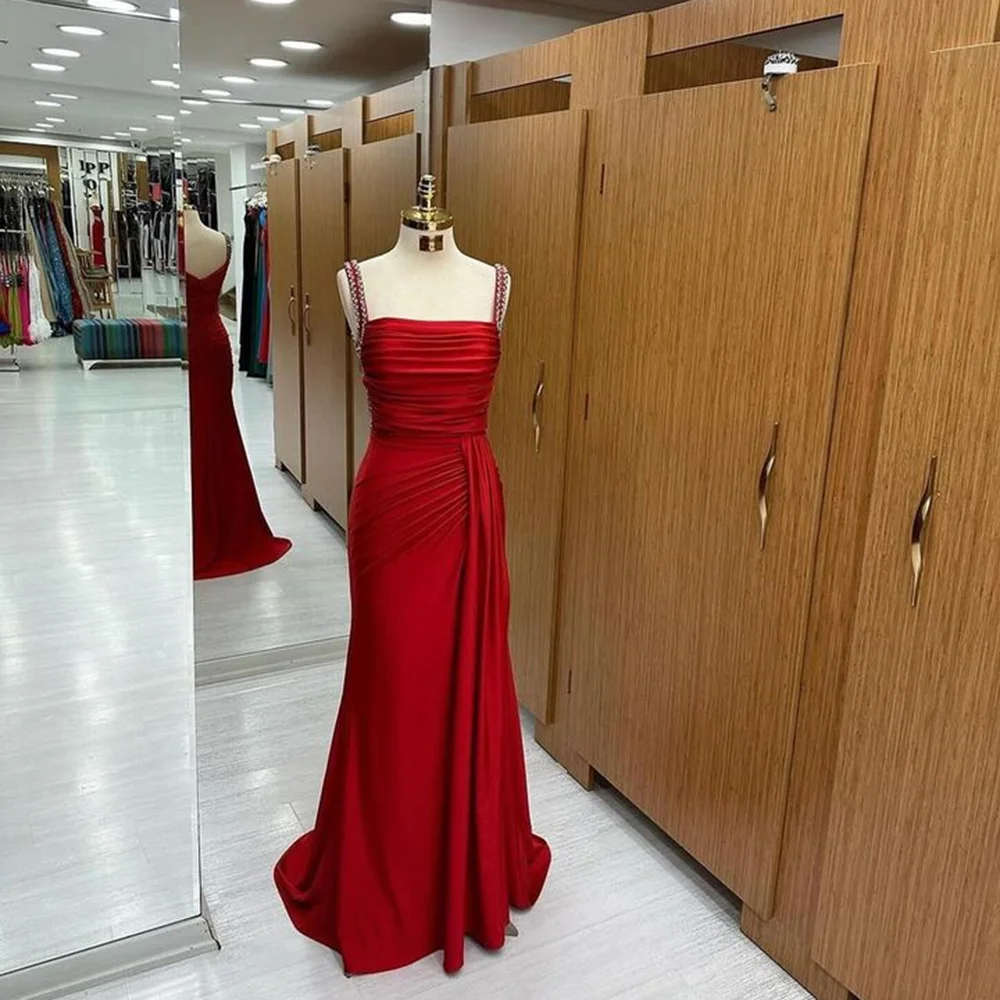 

Fashion Spaghetti Straps Satin Pleated Evening Prom Party Dress Sheath Backelss Beaded Floor-Length Prom Bridal Gown Customized