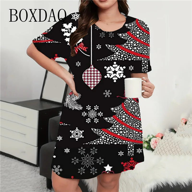 Cartoon Christmas Tree Print Dress For Women Fashion Short Sleeve Loose A-Line Dress Casual Christmas Party Evening Mini Dresses