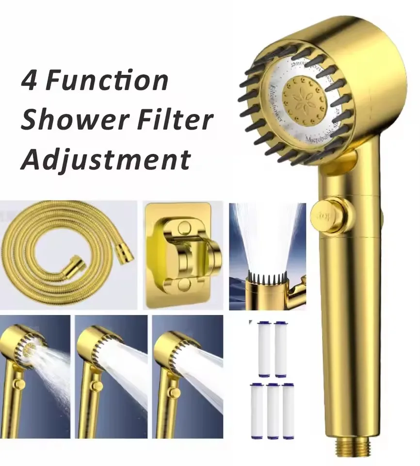 

Фильтр высокого давления, золотая насадка для душа, 3 режима, регулируемый спрей с массажной щеткой, смеситель для дождя, набор для душа, аксессуары для ванной комнаты