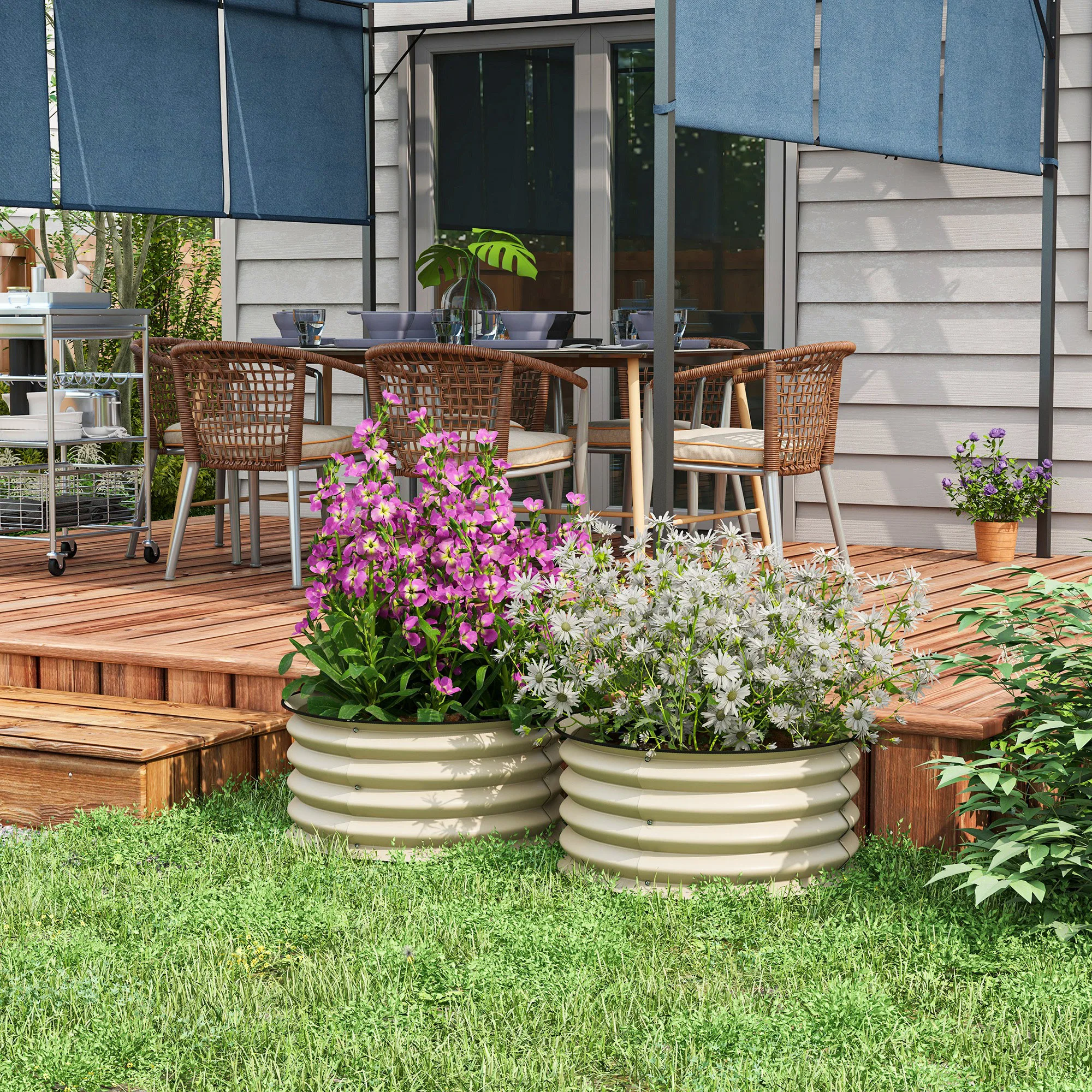 Set of 2 Raised Garden Bed, Metal Planter Box with Safety Edging, Easy-to-assemble Stock Tank, Cream