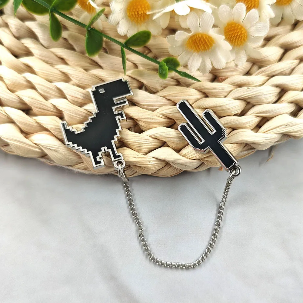 Dinosaur Cactus Enamel Pins with Chain Funny Chrome Offline Game Brooch Badges Lapel Pin Jewelry Gift for Gamer Frie