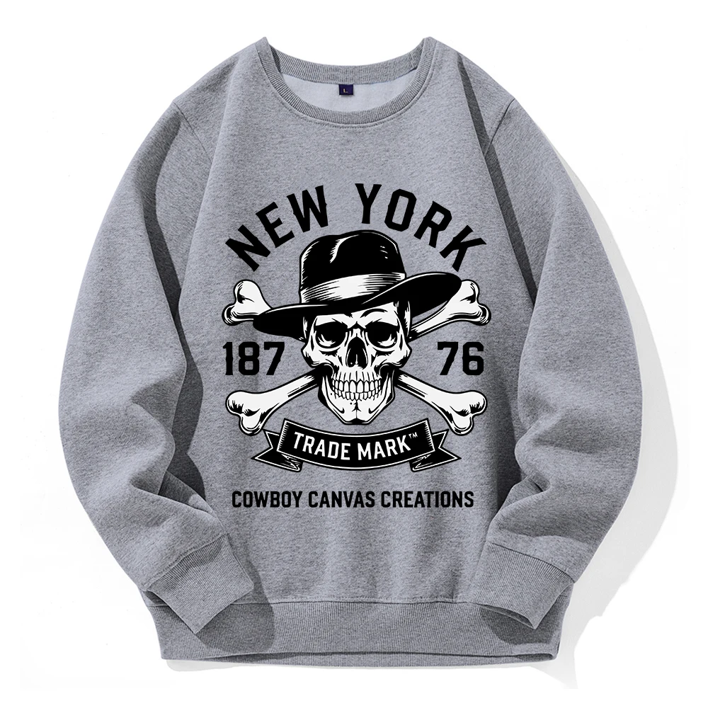

New York 1876 Cool Skull Printing Sweatshirt Men'S Simple Crew Neck Hooded Street Fashion Versatile Hoodies Autumn Fleece Top
