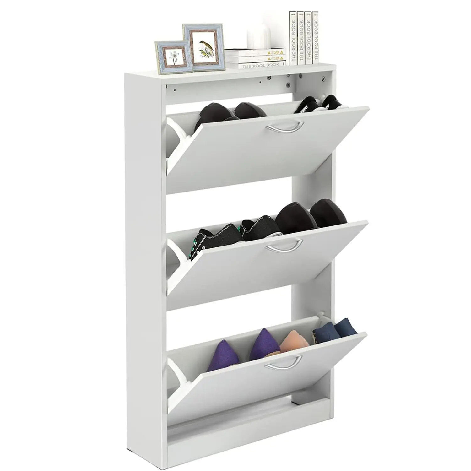

White Narrow 3-Tier Wood Flip-Down Shoe Cabinet for Entryway Home Apartment, Customized