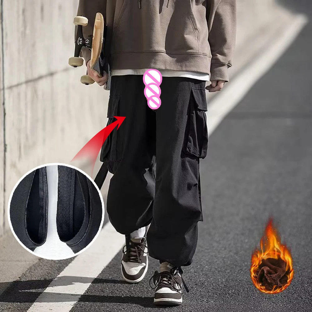 Large Size Menswear Casual Pants Invisible Open Crotch Outdoor Sex Overalls Men's High Street  Autumn Winter Thickened Loose