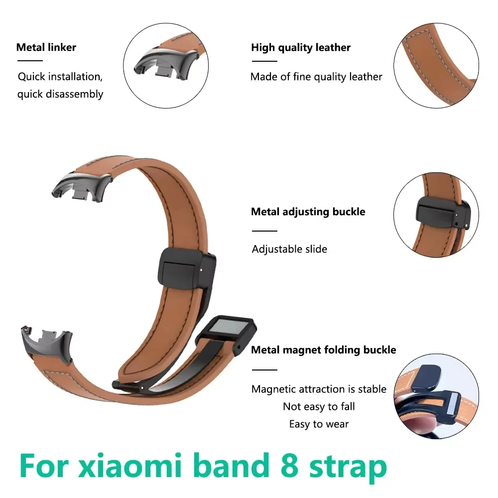 سوار نسائي لـ Mi Band 9 10 حزام من الجلد السيليكون المغناطيسي Correa لـ Xiaomi Mi Band8 سوار معصم نحيف ملحقات الفرقة العتيقة