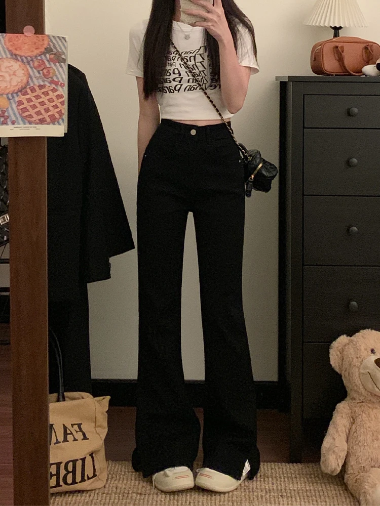 

Американские джинсы-клеш с высокой талией, свободного кроя, утягивающие, больших размеров, женские повседневные длинные брюки, темно-синий цвет