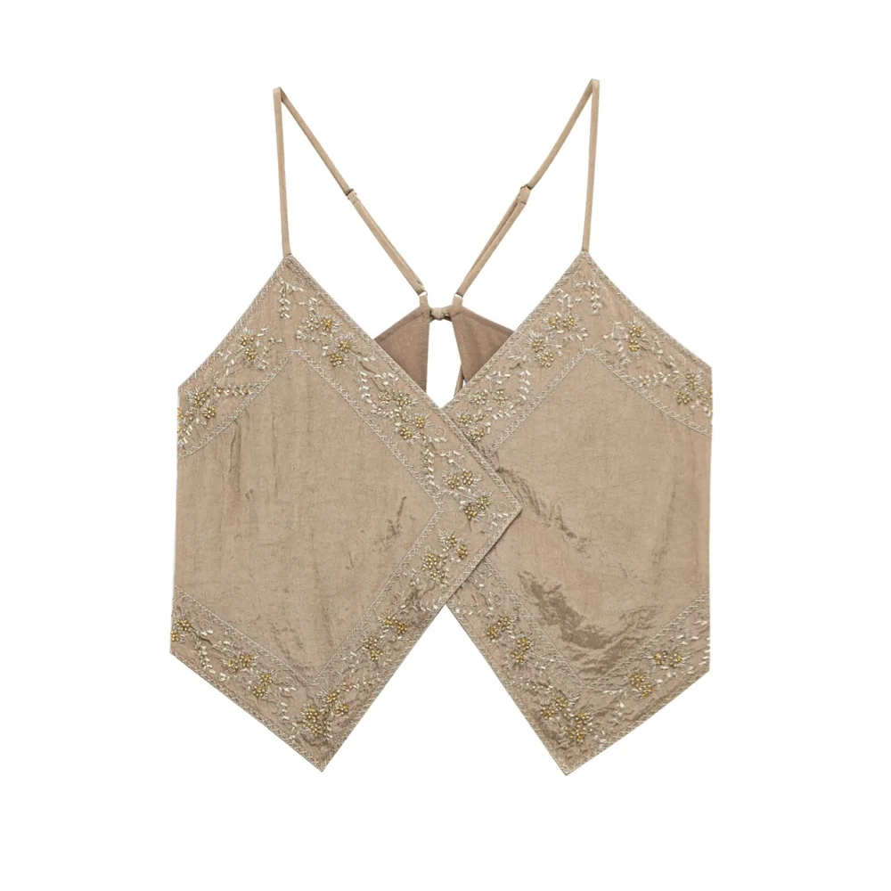 

UNIZERA women's embroidered V-neck camisole top with lace up backless decoration for spring and summer new casual women's wear