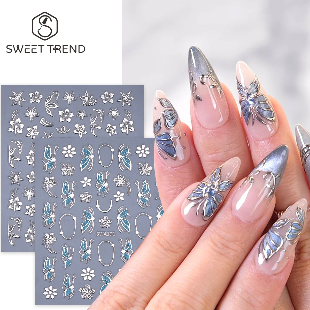2 Stück Metallische Silberne Schmetterling-Nagelaufkleber Hibiskusblüten-Design mit Schimmernden Blauen Flügeln Blumenrahmen Y2K Maniküre-Sticker