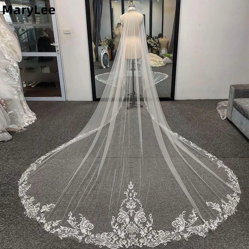 Véu de casamento longo vintage personalizado, branco marfim, apliques de renda, 1 camada, véu de noiva com pente, véu de casamento de igreja para noiva 2025