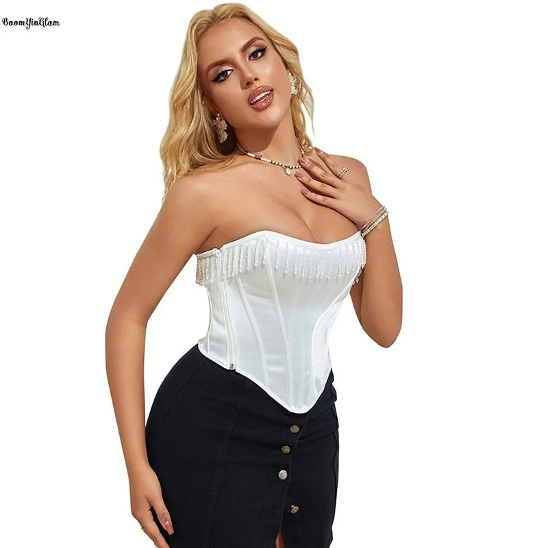 Plus Size S-xxxl White Frill Retro Satin Overbust Cropped Top Zip Up Lace Up Boned Corset With Rhinestone Tassel