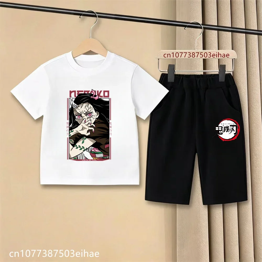 2026 Little Kids Demon Slayer Kimetsu No Yaiba Print Tee Casual Shorts Ghost Blade Design Summer Wear Anime Cartoon Outfit Set
