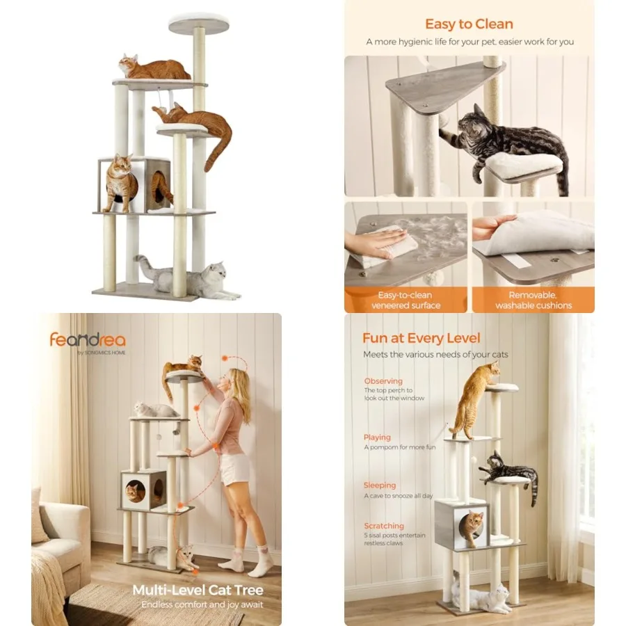 

Cat Tree, 64.6-Inch Modern Cat Tower, Multi-Level Condo with 5 Scratching Posts, Perch, Washable Removable Cushions, Cave