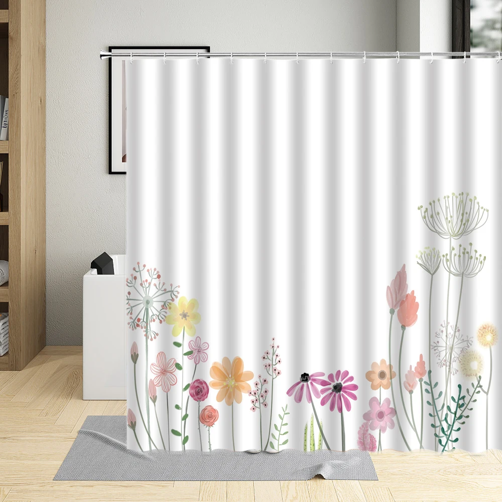 Cute Floral Plant Peony Branch Leaves White Shower Curtain Waterproof Fabric Bathroom Curtains Pastoral Bathtub Decor With Hooks