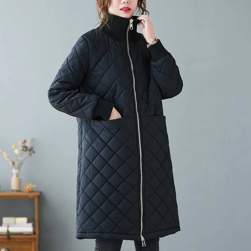 Ladies Elegant Simple Diamond Check Coat Casual Sports Multi-purpose Long Coat Autumn Winter Warm French Down Cotton Top