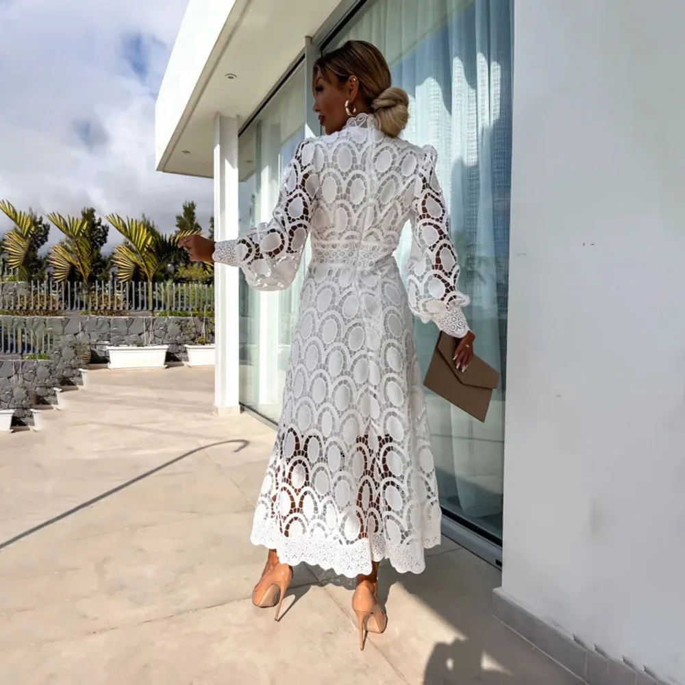 Elegante vestido largo de encaje de manga larga para mujer verano 2025 moda ahueca hacia fuera medio cuello alto vestidos largos ajustados Casual