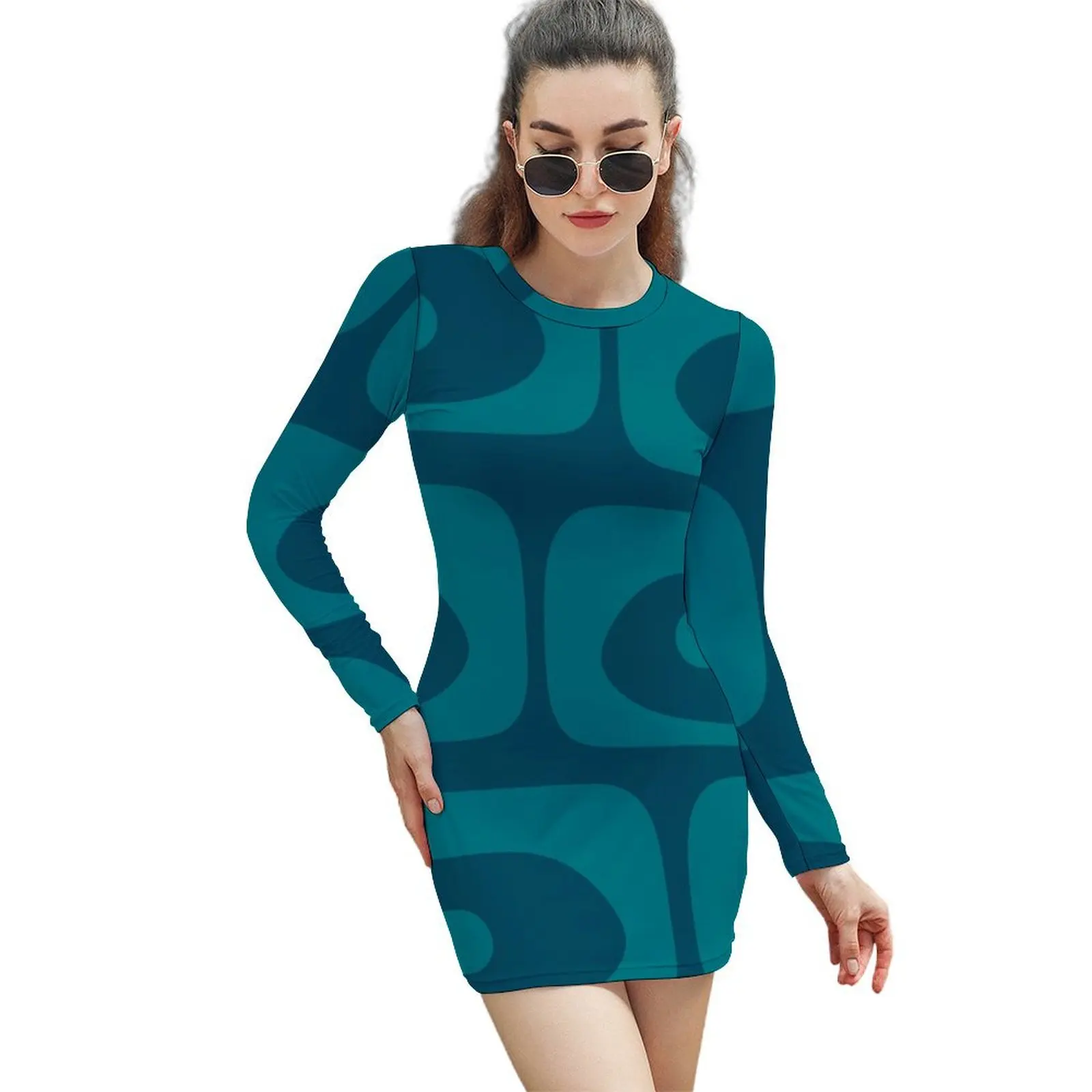 

Mid Century Modern Piquet Abstract Pattern Blue Teal Long-Sleeved Sheath Dress Women long dress