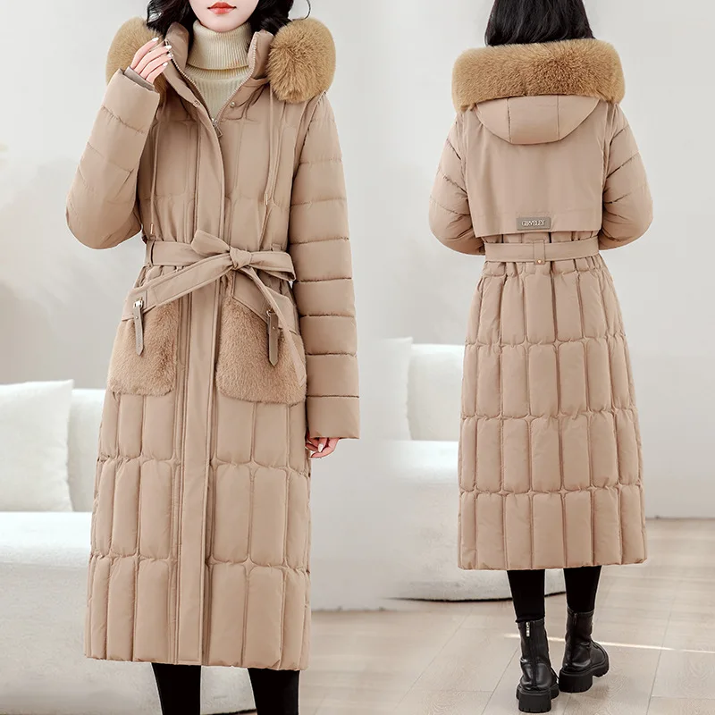 Winter New Detachable Hooded Padded Women Coats Pockets Zipper Removable Sleeves Slim Belt Faux Fur Collar Stylish Loose Outwear