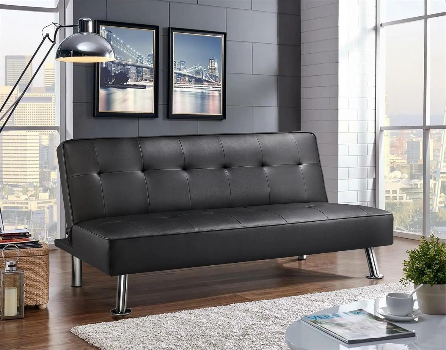 Modern Folding Futon Loveseat Black Faux Leather Futon Sleeper Bed Convertible Futon Couch Bed for Living Room