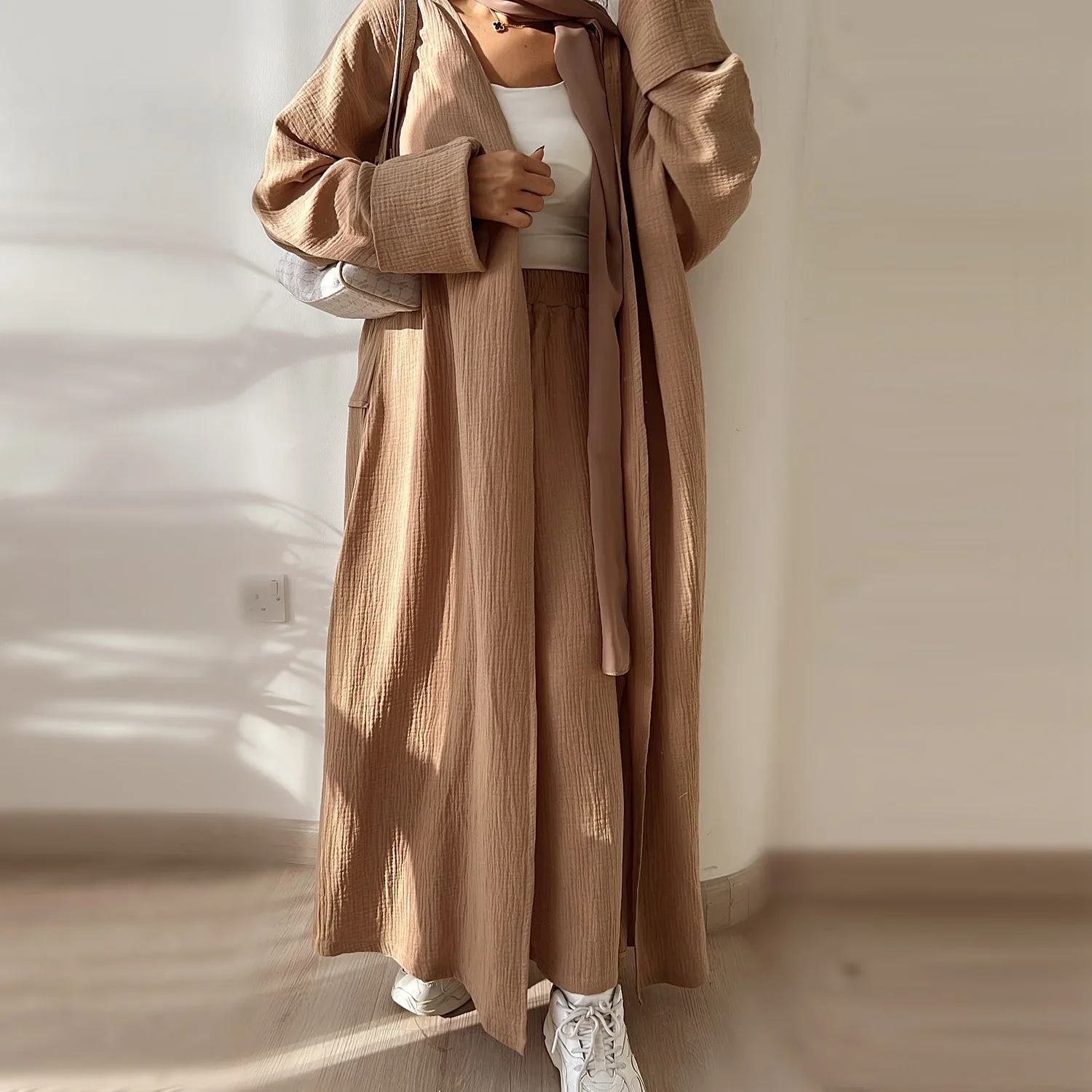 Summer Cotton Open Abaya with Pants Turkey Arabic Muslim Kimono Dress casual Abayas for Women Dubai African Islam Modest Outfit