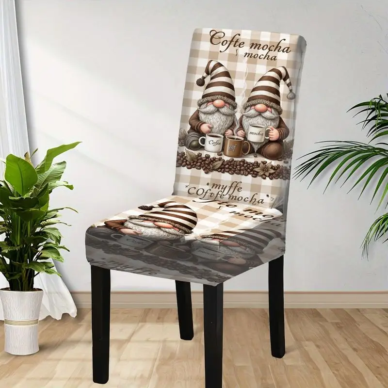 4/6PC Elastic Printed Dining Chair Cover, Parsons Chair Cover, Coffee Mocha Goblin Dwarf Printed Chair Cover